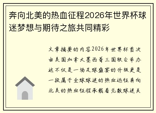 奔向北美的热血征程2026年世界杯球迷梦想与期待之旅共同精彩 奔向北美的热血征程2026年世界杯球迷梦想与期待之旅共同精彩